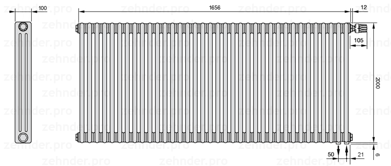 Схема (чертеж) Радиатор Zehnder Charleston 3200/36 №V002 Белый глянцевый RAL 9016